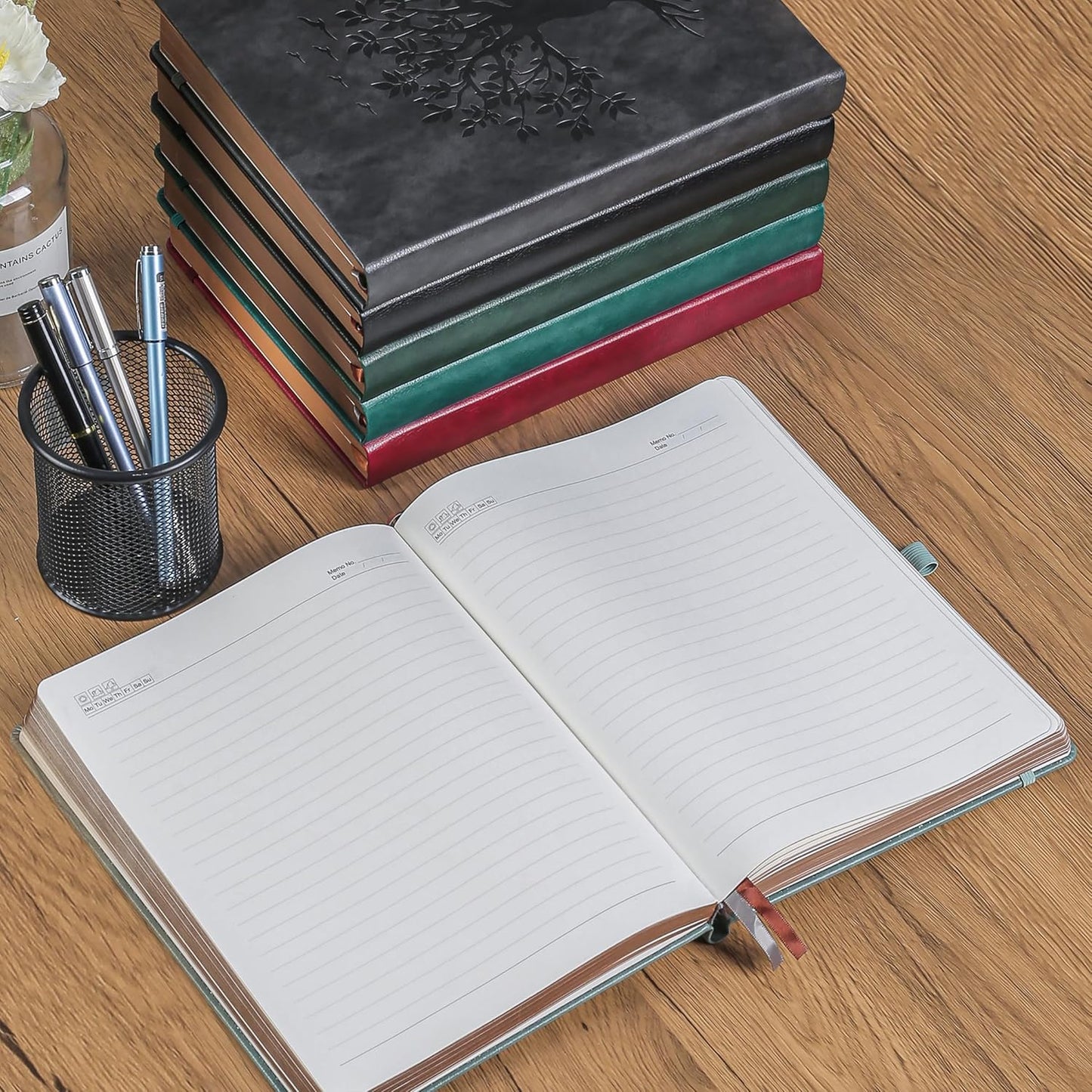 ZXHQ B5 360 Pages Lined Journaling Notebooks with Pen, Journals for Women Men Writing Notebook, Tree of Life Design, Brown Edge, Fine Inner Pocket - Grey
