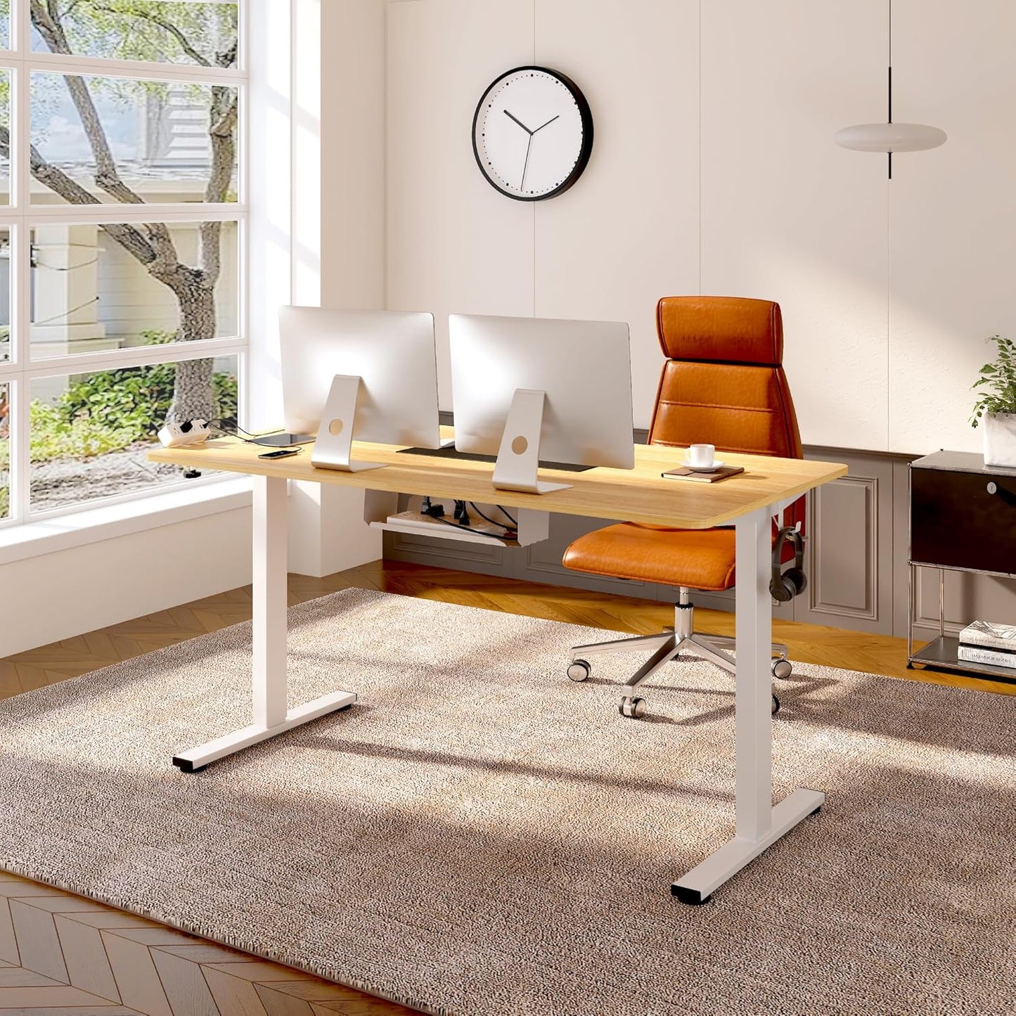 FLEXISPOT EN2 Whole-Piece Standing Desk with Clamp Power Strip, 55 x 28 Electric Stand Up Height Adjustable Desk with Cable Management (White Frame + 55" Maple Top, 2 Packages)