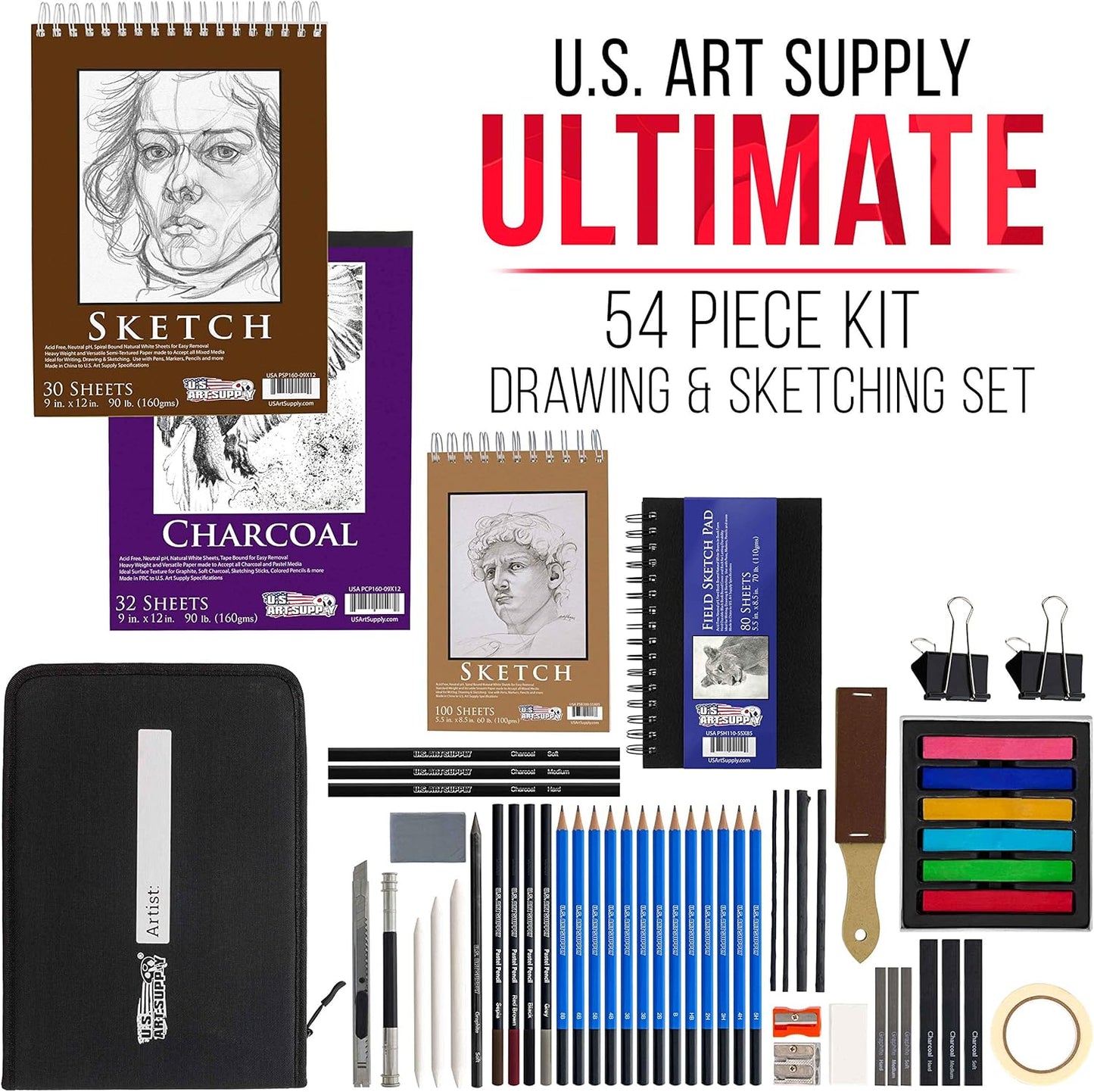 54-Piece U.S. Art Supply Drawing & Sketching Set with 4 Sketch Pads - Ultimate Artist Kit with Graphite, Charcoal, Pastels, Erasers in Pop-Up Carry Case