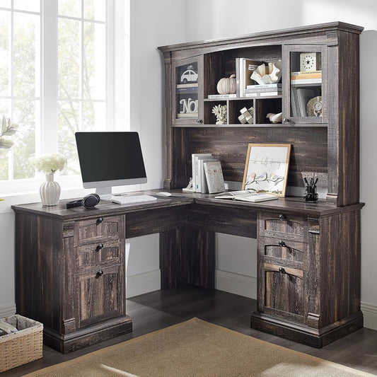 OKD 60" L Shaped Executive Desk with Hutch and Drawers, Farmhouse Home Office Desk with Charging Station, File Cabinet Storage, Wood Corner Computer Desk for Work and Study, Dark Rustic Oak