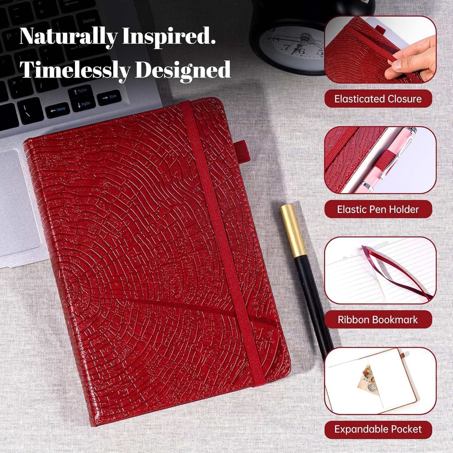 CAGIE Lined Journal for Women Men, Tree Growth Ring Leather Bound Journal Notebook, 256 Pages 100 GSM Journals for Writing, A5 Hardcover Journaling Notebooks for Work, Note Taking (Red