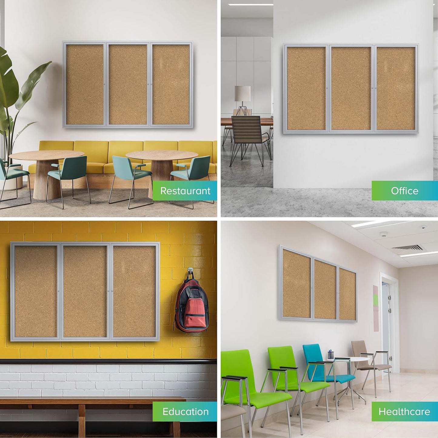 Ghent 48"x 96" 3-Door indoor Enclosed Bulletin Board, Shatter Resistant, with Lock, Satin Aluminum Frame - Natural Cork (PA34896K)-Made in USA