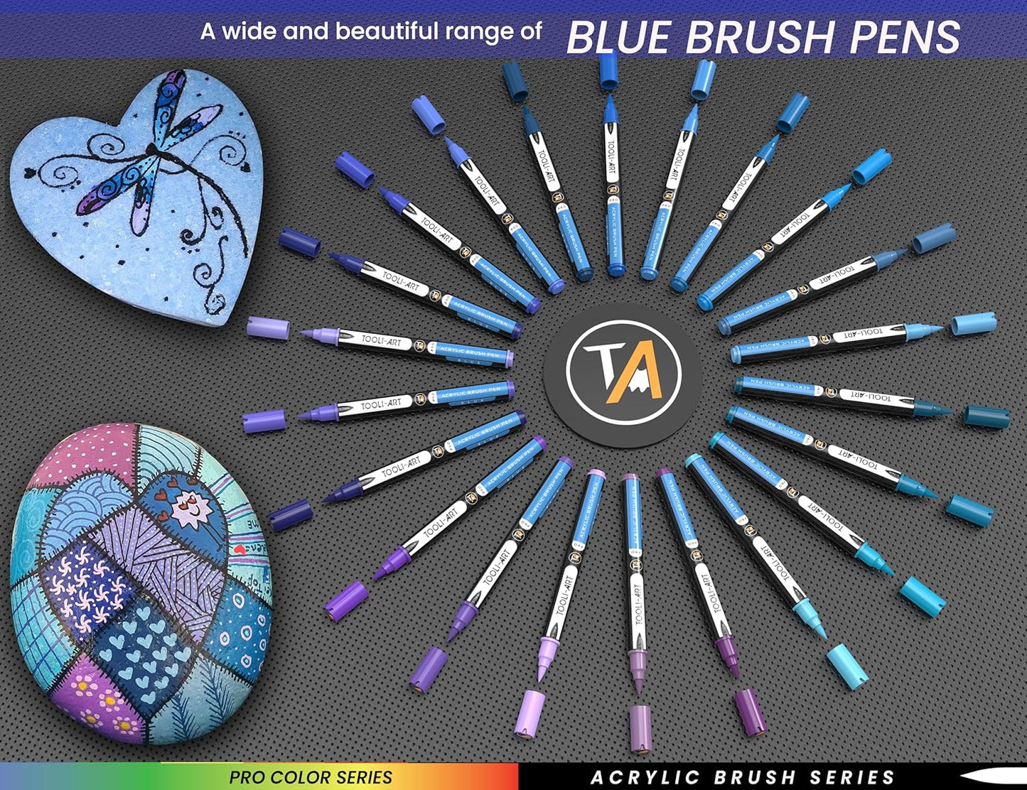 22 Flexible Brush Tip Acrylic Paint Pens Markers Set 1-7mm Line for Rock Painting, Brush Lettering, Glass, Mugs, Wood, Metal, Canvas, Fabric, Plastic. Non Toxic Waterbased Quick Drying Assorted Blue