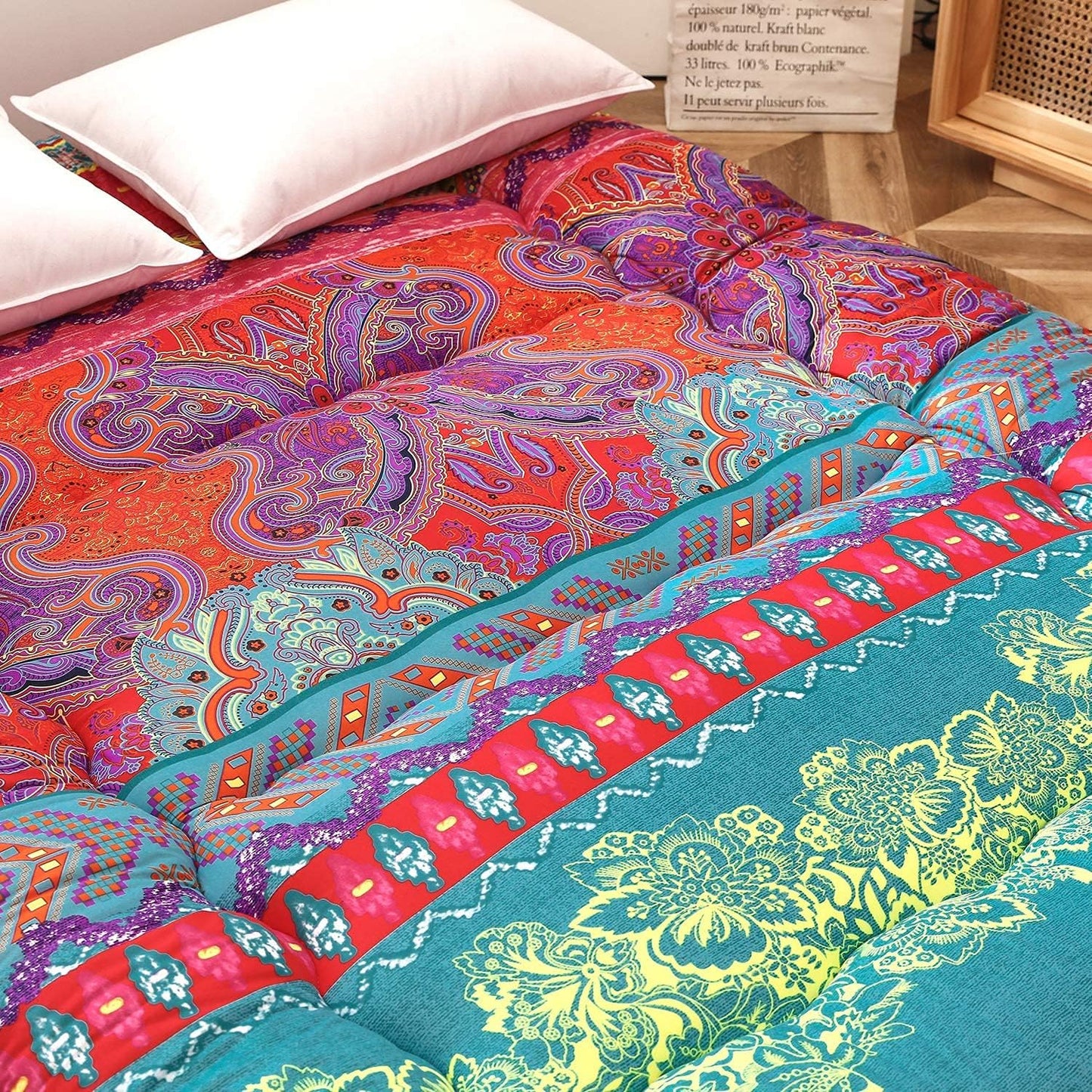 MAXYOYO Bohemian Futon Floor Mattress Boho Floral Style Japanese Tatami Mat Foldable Bed Portable Camping Sleeping Pad Lounger Couch Bed, Queen