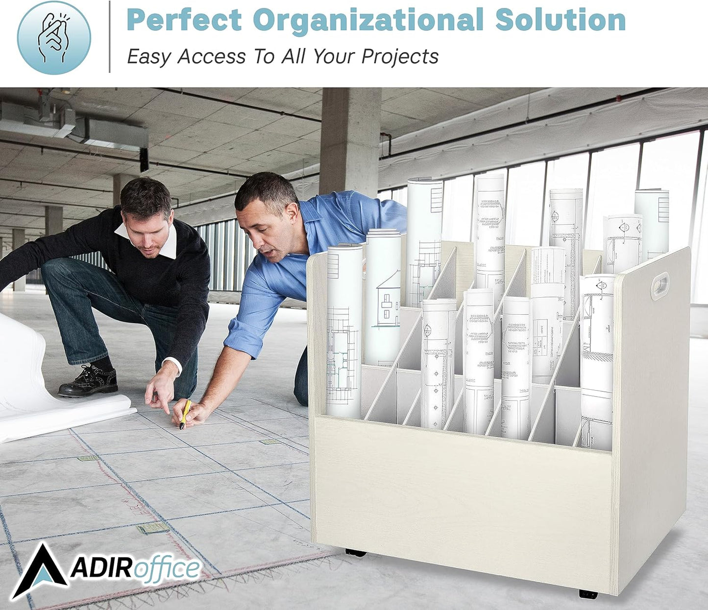 Adir Blue Print Storage Organizer - Mobile Roll File Cart, Construction Plan Holders, Blueprint Cabinet with Wheels, Roll Files Storage for Office and Home (21 Slots, White)