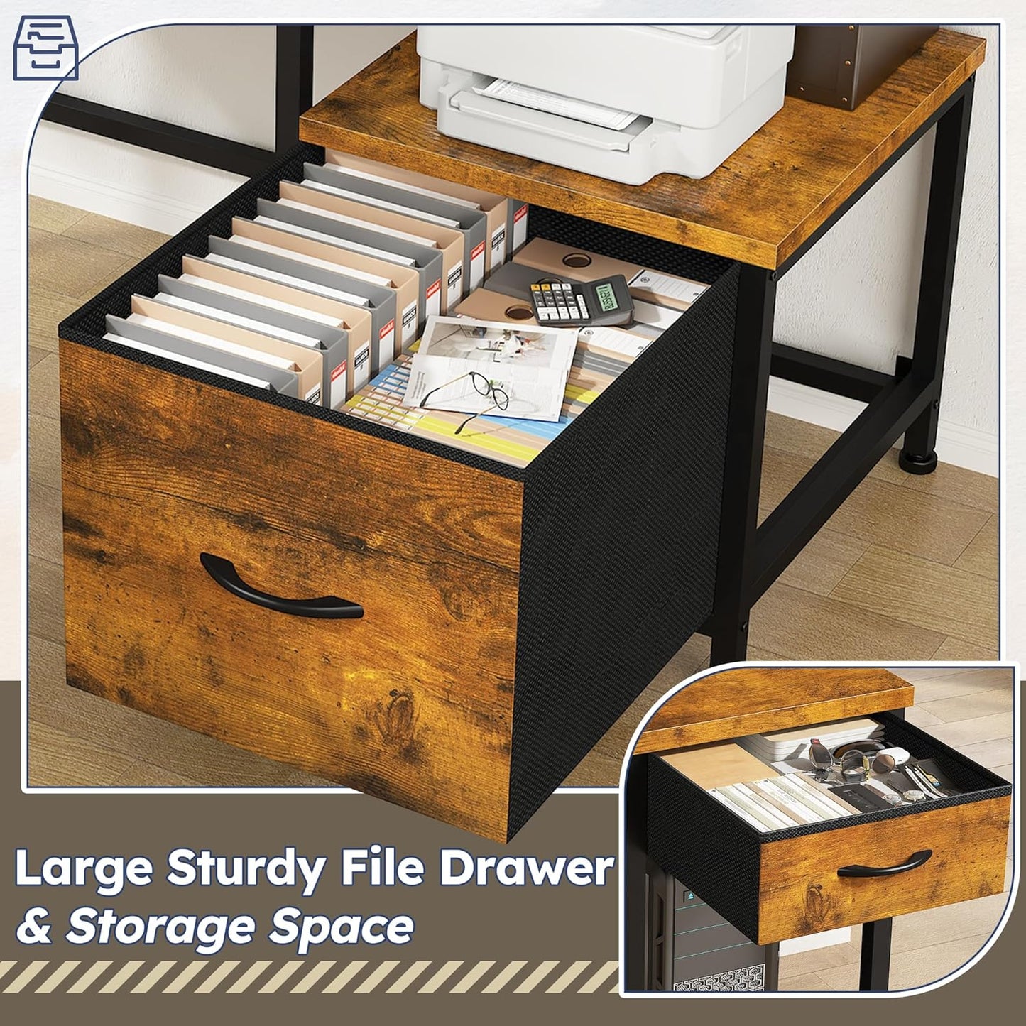 L Shaped Computer Desk with Drawers, Gaming Desk with LED Lights & Monitor Shelf, Office Desks with Power Outlets, Corner Desks for Home Office, Study Room and Bedroom, Rustic Brown