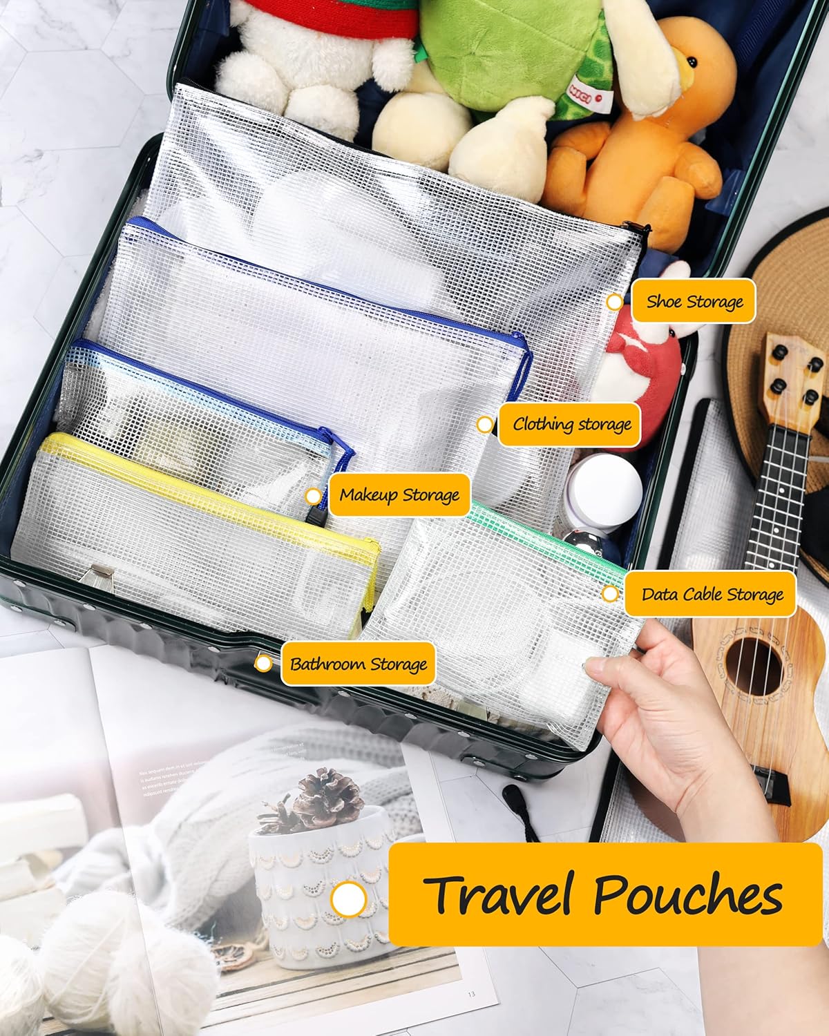 SUNEE Plastic Mesh Zipper Pouch 11x16 in (6 Colors, 18 Packs),Extra Large Water-Resistant Zip Bag for School Office Supplies, Puzzles & Games Organizing Storage