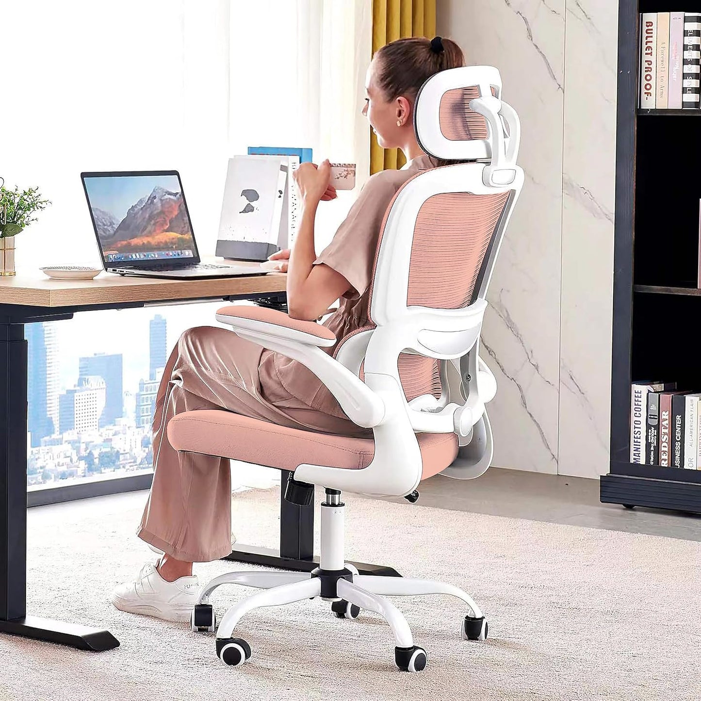 TRALT Office Chair Ergonomic Desk Chair, 330 LBS Home Mesh Office Desk Chairs with Wheels, Comfortable Gaming Chair, High Back Office Chair for Long Hours (Pink)