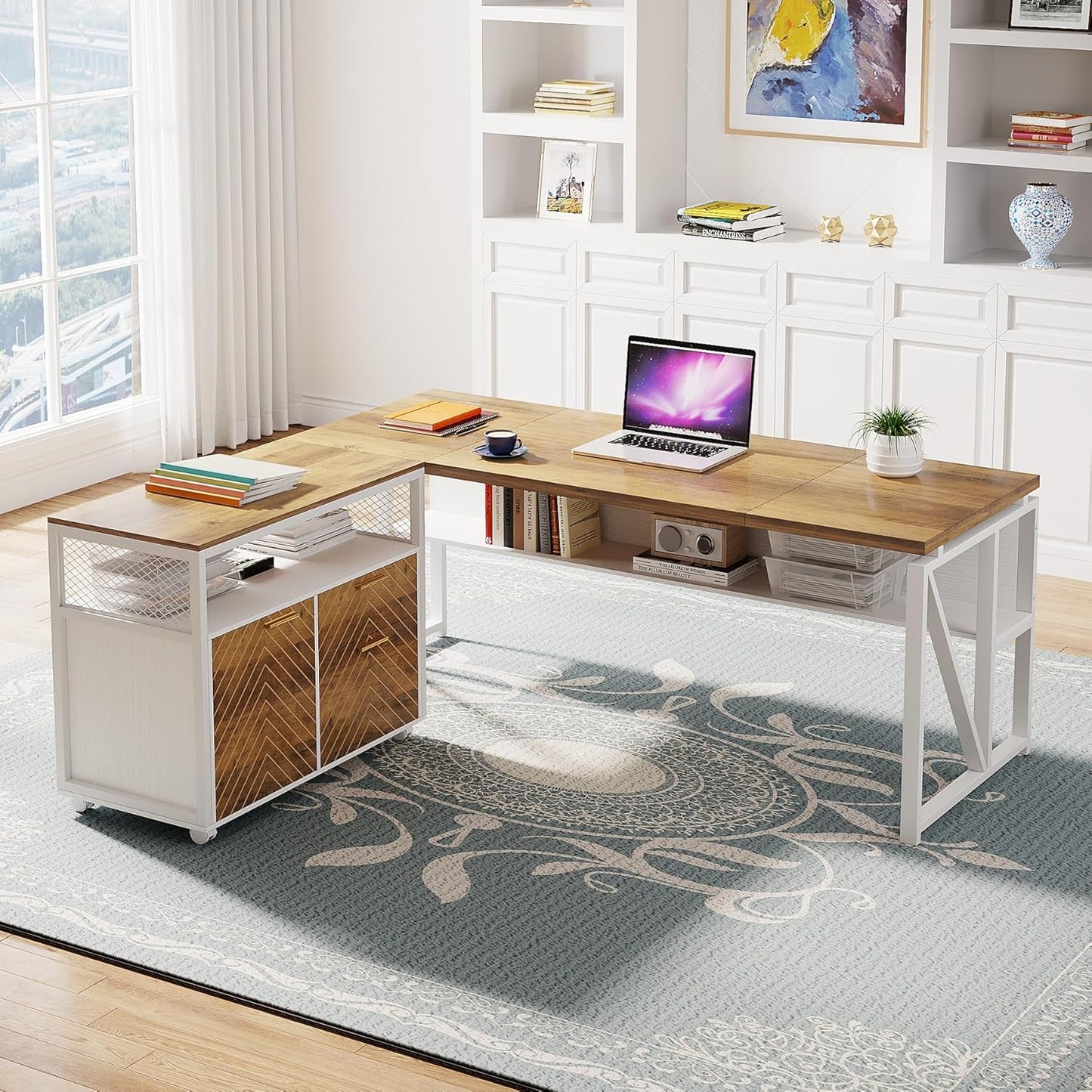 Tribesigns L Shaped Desk with Drawer,63" Executive Computer Desk and lateral File Cabinet, 2 Piece Home Office Furniture for Hanging File, Cabinet with Doors (Walnut, 63-inches)