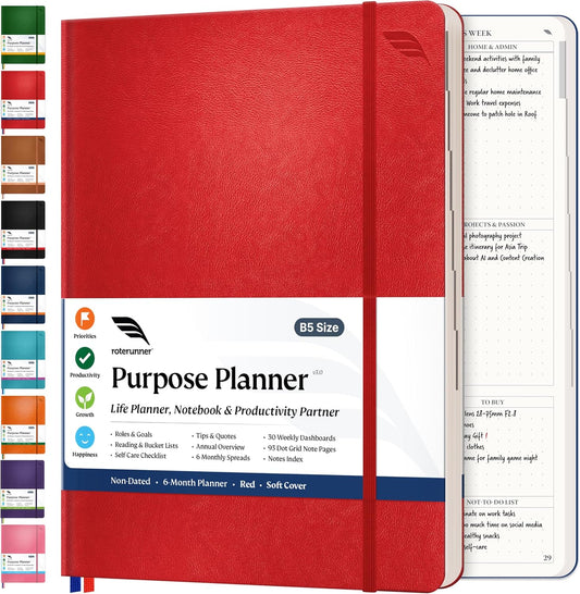 Roterunner Purpose Planner Notebook B5 7.5”x9.8” Undated 2025 Daily Weekly and Monthly Productivity Goal Setting Tool for Work Home ADHD for Adults Self Care Journal
