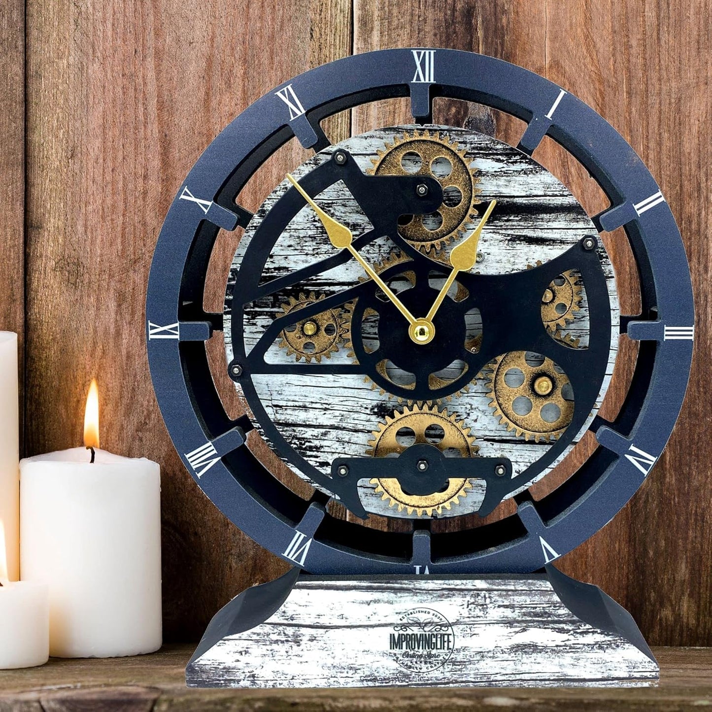 The Gears Clock Desk Clock 10 inches with Real Moving Gears Convertible into Wall Clock (Grey & White)