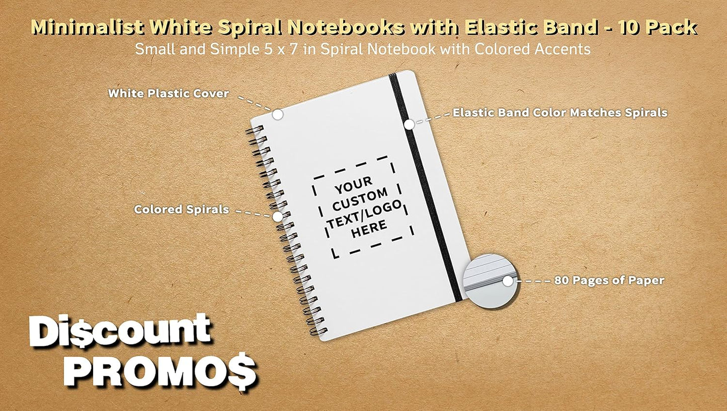10 White Spiral Notebooks with Elastic Band Pack - Customizable Text, Logo - 80 lined pages, Recycled - Black