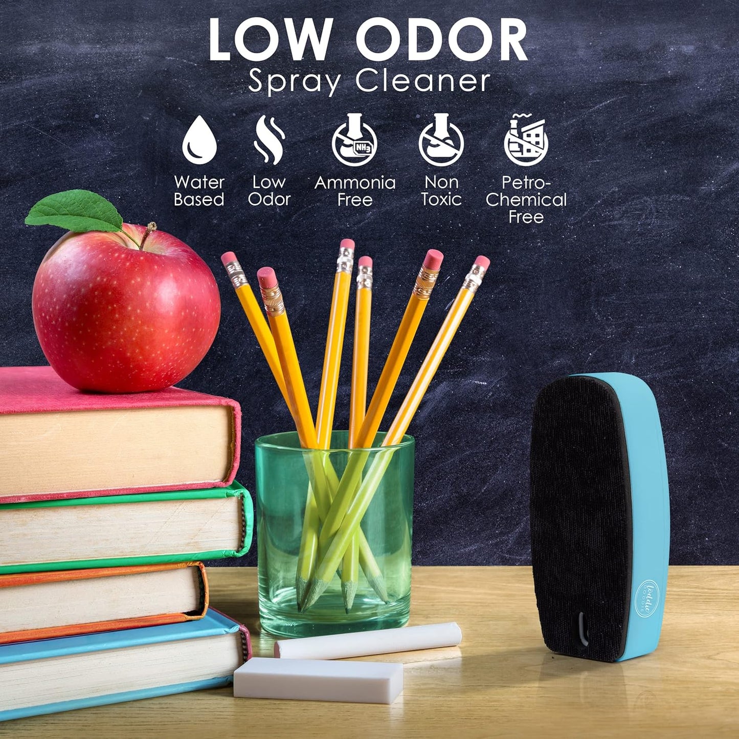 Loddie Doddie 2-in-1 Magnetic Whiteboard Eraser & Chalkboard Eraser with Dry Erase Cleaning Spray (Teal) - Whiteboard Cleaner - Dry Erase Board Cleaner