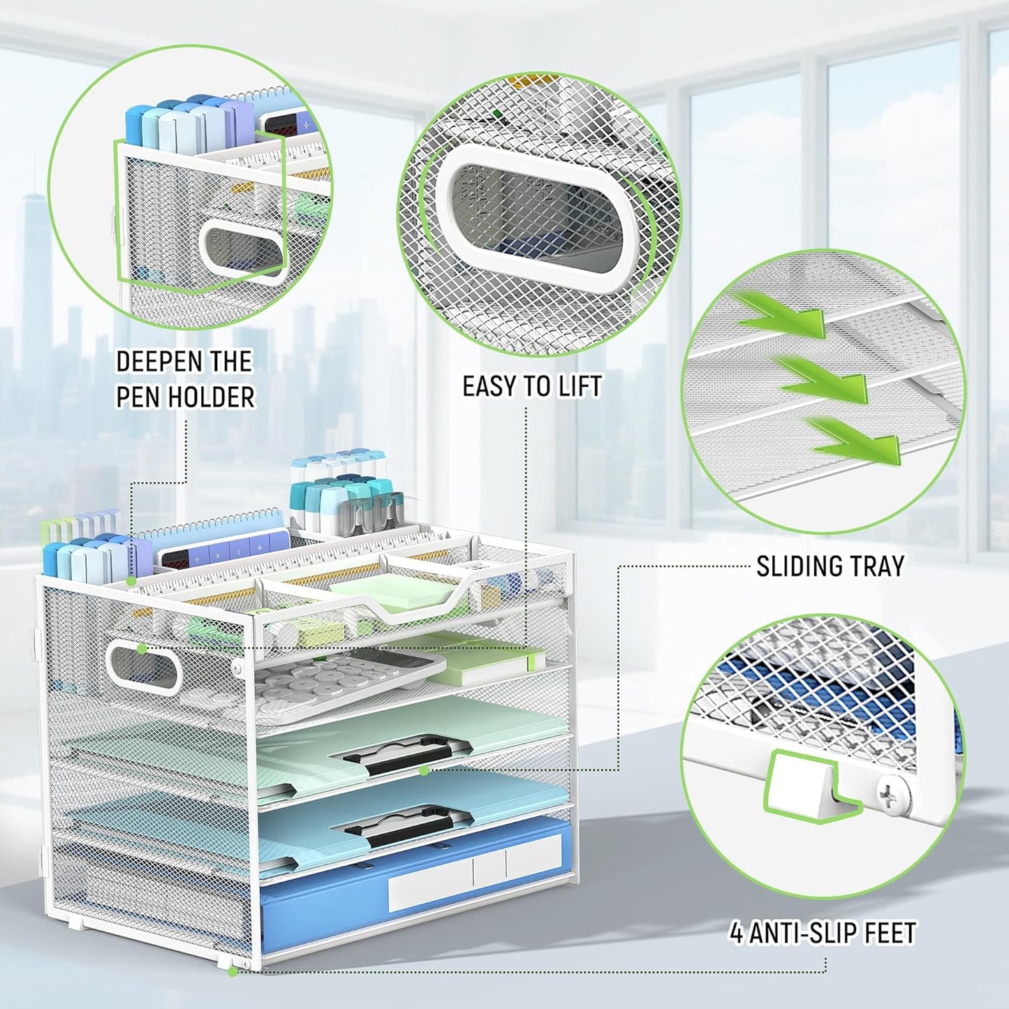 Docnest 5 Tier Mesh Desk Organizer- Letter Tray with Adjustable Compartments, Mesh Desktop Storage Built in Pen Holder and Handles, Desk Organizer Tray for Mail Documents Office Supplies–White