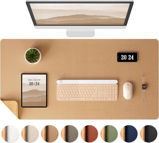 Aothia Dual-Sided Desk Mat - Leather & Cork Desk Protector, Large Mouse Pad & Writing Pad for Office/Home, Waterproof, Apricot (35.4" x 15.7")