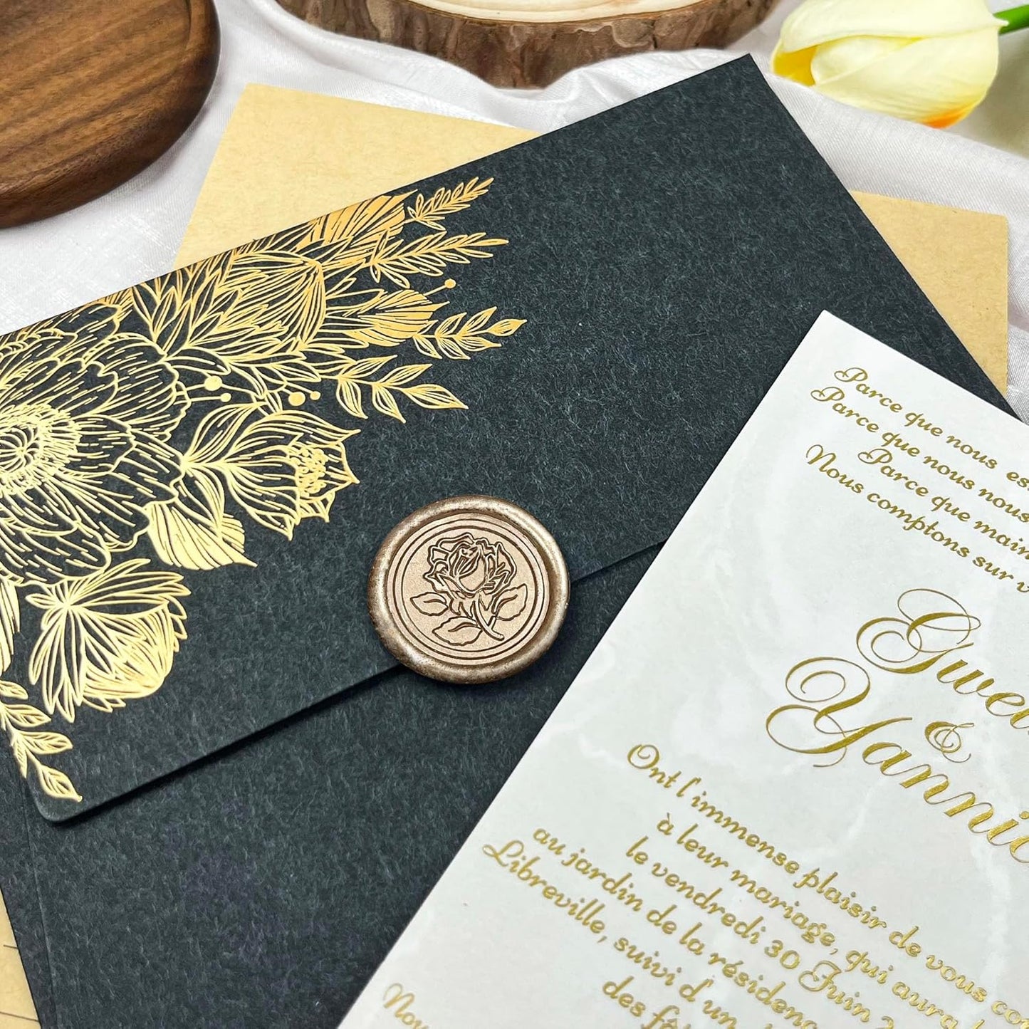100Pcs Wax Seal Stickers Handmade Envelope Seals Self Adhesive Wax Stickers for Wedding Party Invitations, Envelope, Gift Wrap, Christmas(Rose Style, Champagne Gold)