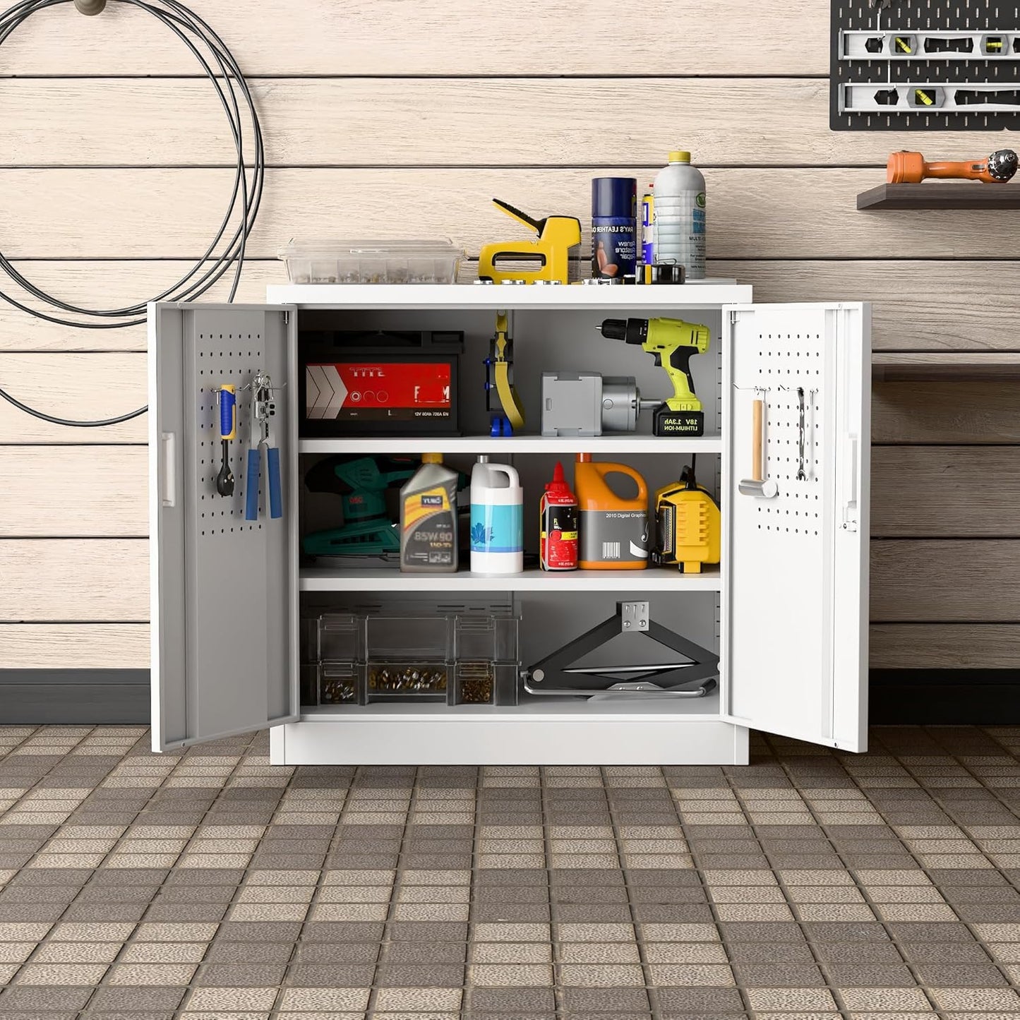Aobabo 31.5" H Small Garage Storage Cabinet with Pegboard,Lockable File Storage Cabinet with 2 Adjustable Shelves for Garage, Office, School, Assembly Require, White