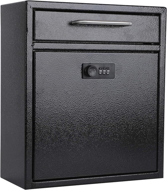 xydled Wall-Mount Mailboxes with Combination Lock, Steel Combination Lock Mail Boxes Outdoor, Locking Wall Mount Mailbox, Security Key Drop Box, 13.4H x 11.6L x 5.8W Inches, Black, Large