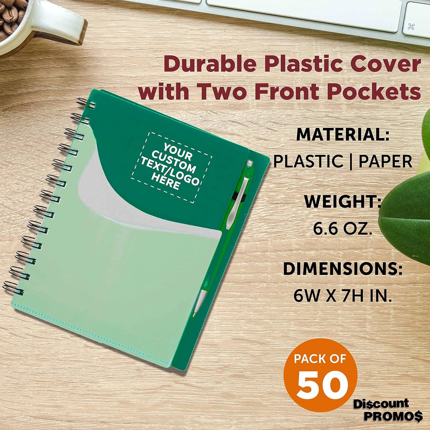 DISCOUNT PROMOS Custom Spiral Notebooks with Front Pocket Set of 50, Personalized Bulk Pack - Durable Plastic Cover, Includes Matching Pen in Blank Ink, Perfect for School, Office, Home - Green