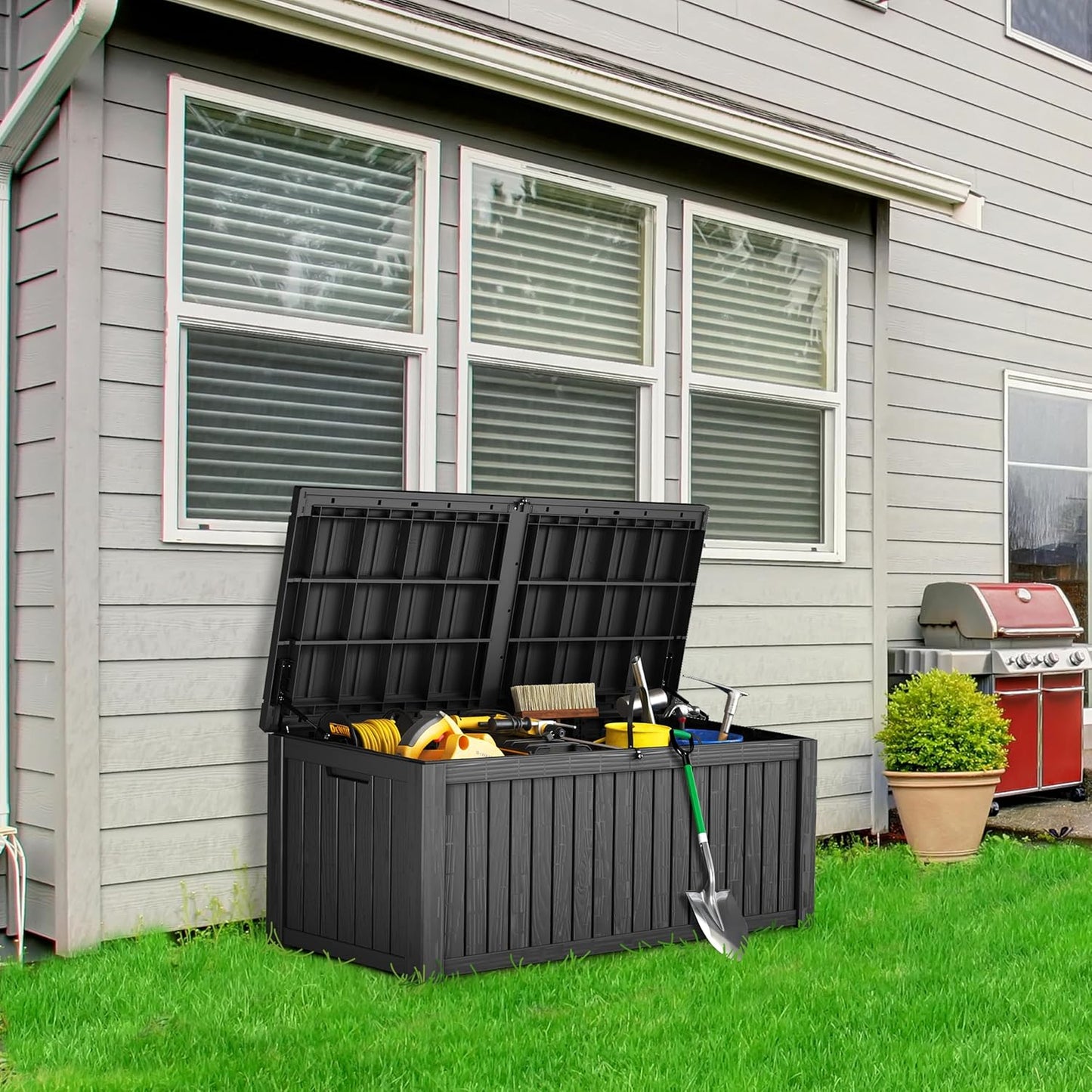 180 Gallon Lockable Resin Deck Box, Waterproof & UV-Resistant Outdoor Storage Box for Outdoor Cushion Storage, Garden Tools & Pool Accessories Storage, Black