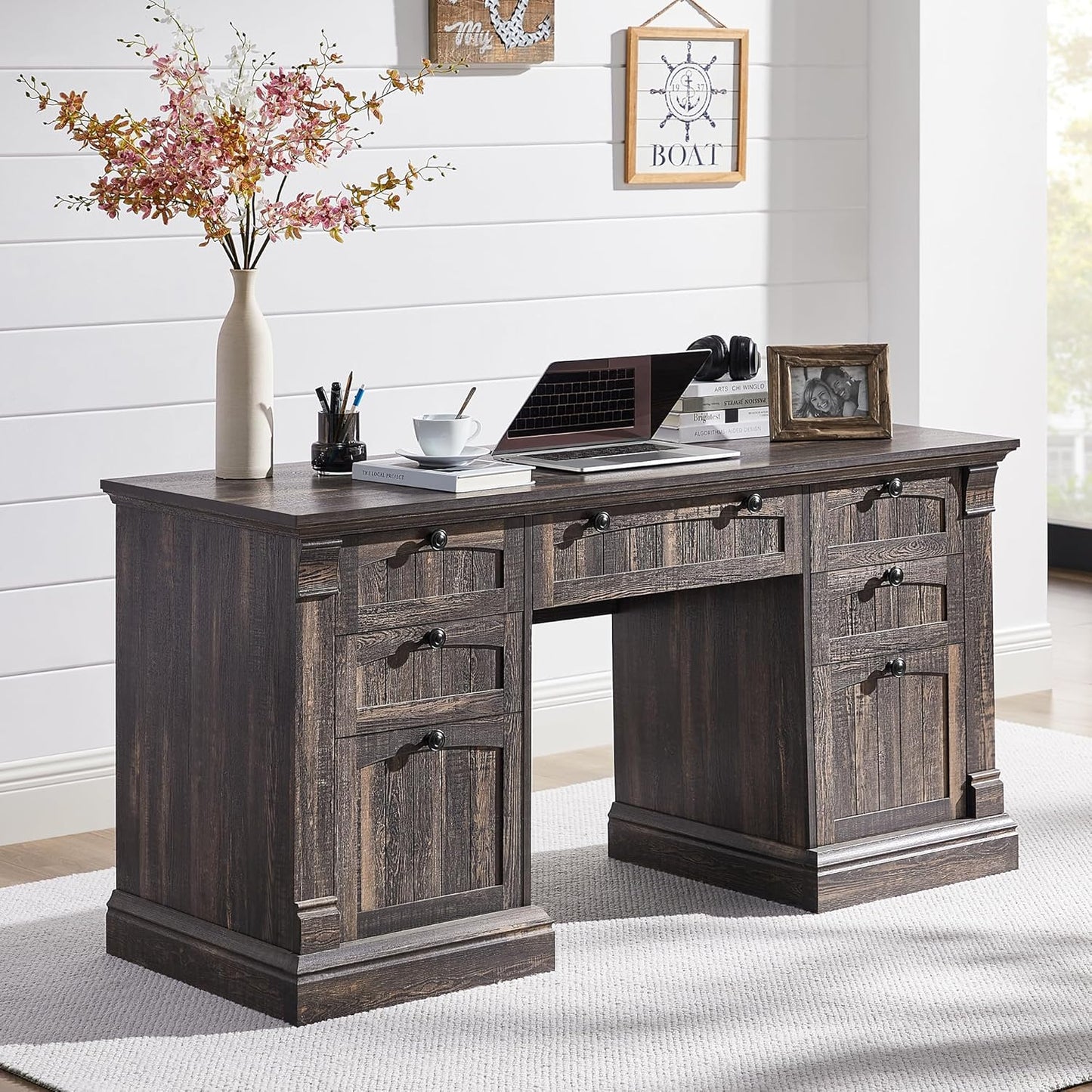 OKD 60" Executive Desk with Drawers, Farmhouse Home Office Desk with Charging Station, Keyboard Tray, File Cabinet Storage, Wood Computer Desk for Work and Study, Dark Rustic Oak