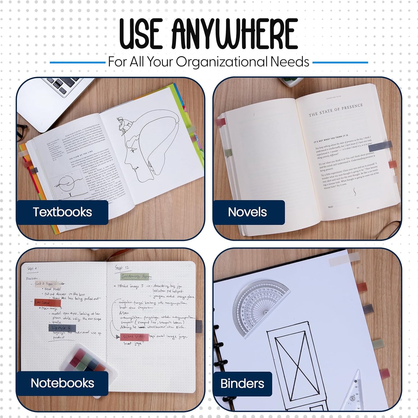 Essex Wares - 300 Pieces - Transparent Sticky Notes Tabs with Case - 5 Warm Colors - 3 Cases - 1.8" x 0.4" - 60 Pieces Each Color - Pop Up Index Tabs - Book Flags for Annotating - Book Sticky Tabs