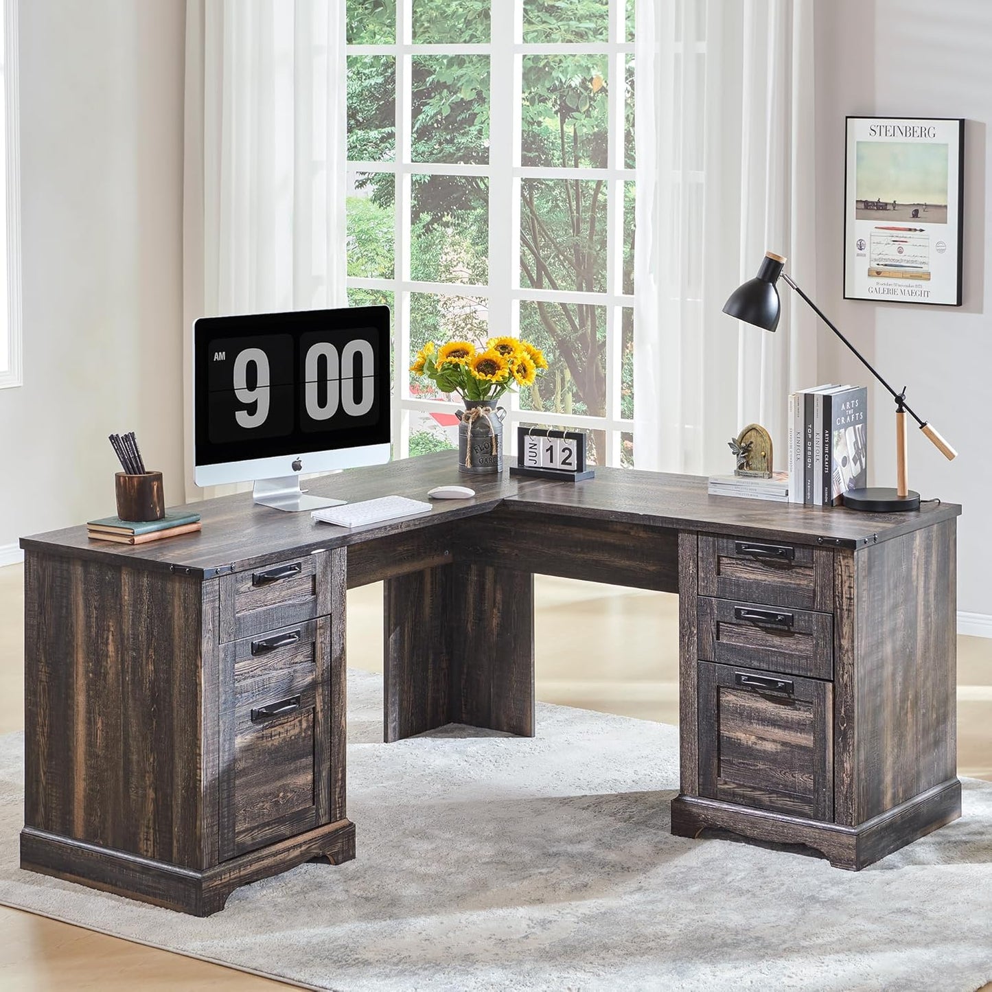 RedLemon 60" Farmhouse L Shaped Executive Desk with Drawers, Wood Home Office Corner Desk with Charging Station, File Drawer, Storage Cabinet, Rustic Computer Writing Desk (Dark Rustic Oak)