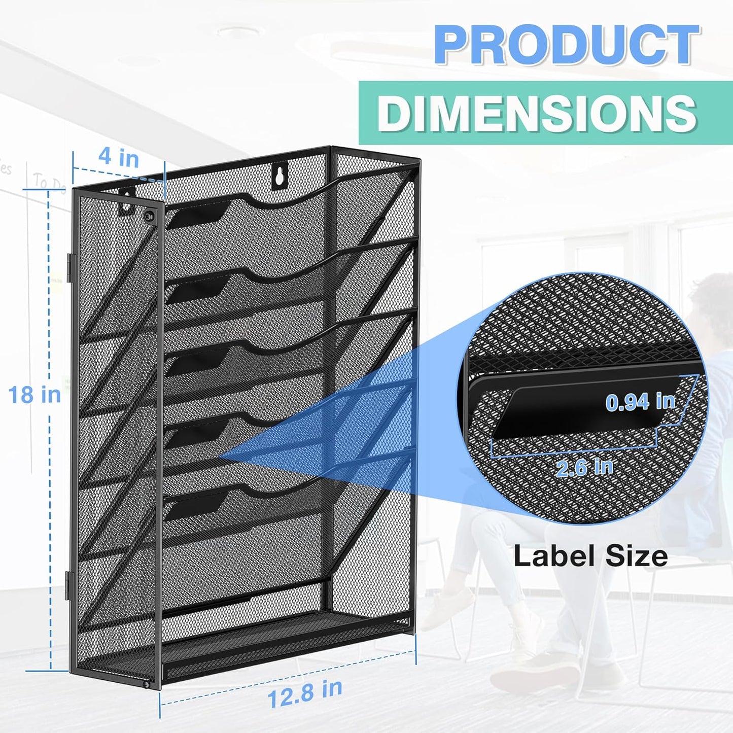 Kuntine.B Wall File Organizer Office Hanging Magazine Holder Wall File Organizer for Office Home (Black, 6 Tier & Hangers)