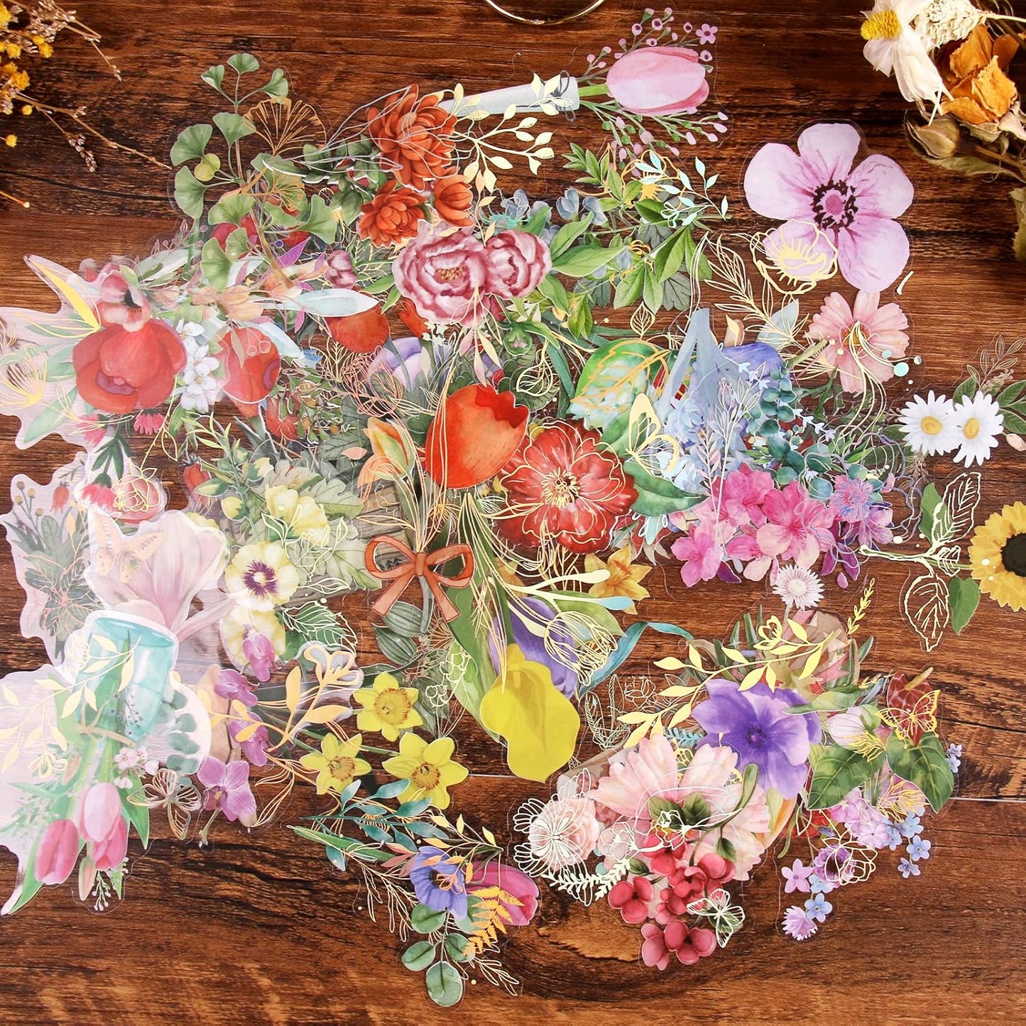 Dizdkizd Gilding Flower Stickers (240 Pieces) - Glitter Watercolor Transparent Stickers for Card Making Scrapbooking Envelopes Wrapped Gifts Arts and Crafts Journaling