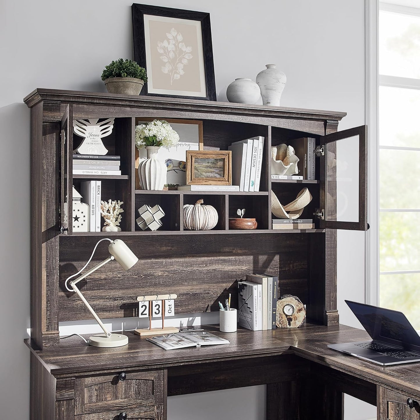 OKD 60" L Shaped Executive Desk with Hutch and Drawers, Farmhouse Home Office Desk with Charging Station, File Cabinet Storage, Wood Corner Computer Desk for Work and Study, Dark Rustic Oak