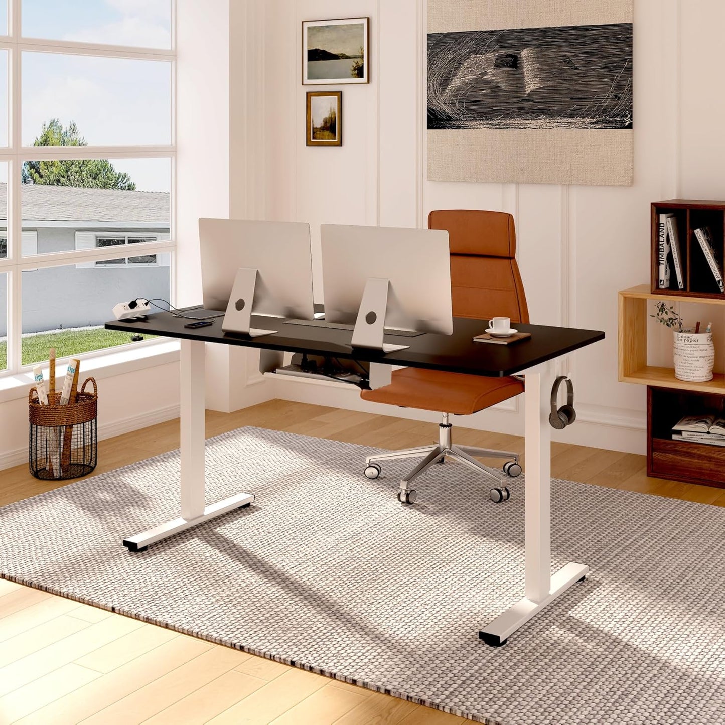 FLEXISPOT EN2 Whole-Piece Standing Desk with Clamp Power Strip, 55 x 28 Electric Stand Up Height Adjustable Desk with Cable Management (White Frame + 55" Black Desktop, 2 Packages)