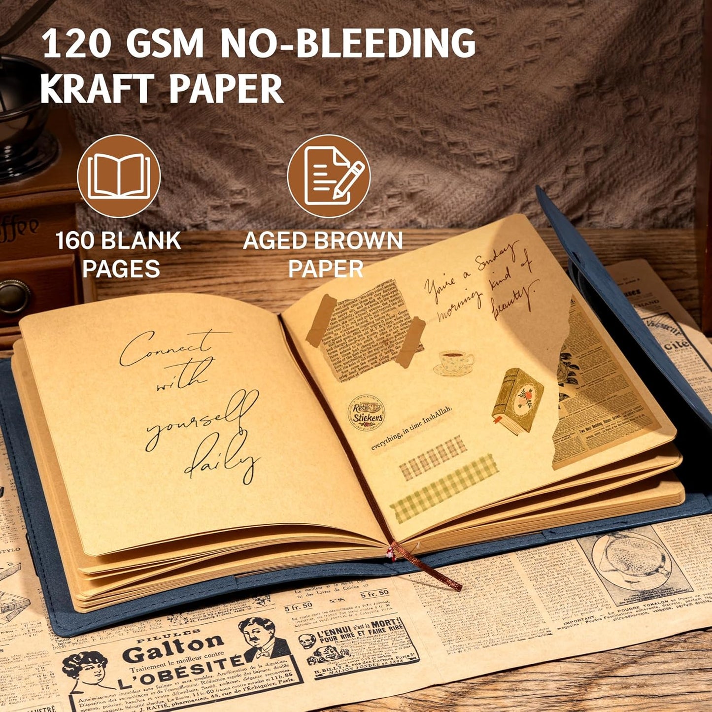 Vintage Leather Journal for Women Men, Junk Journal Notebook Soft Cover, Book of Shadows Journals for Travel Diary Scrapbook Sketchbook Journaling Writing, Blue