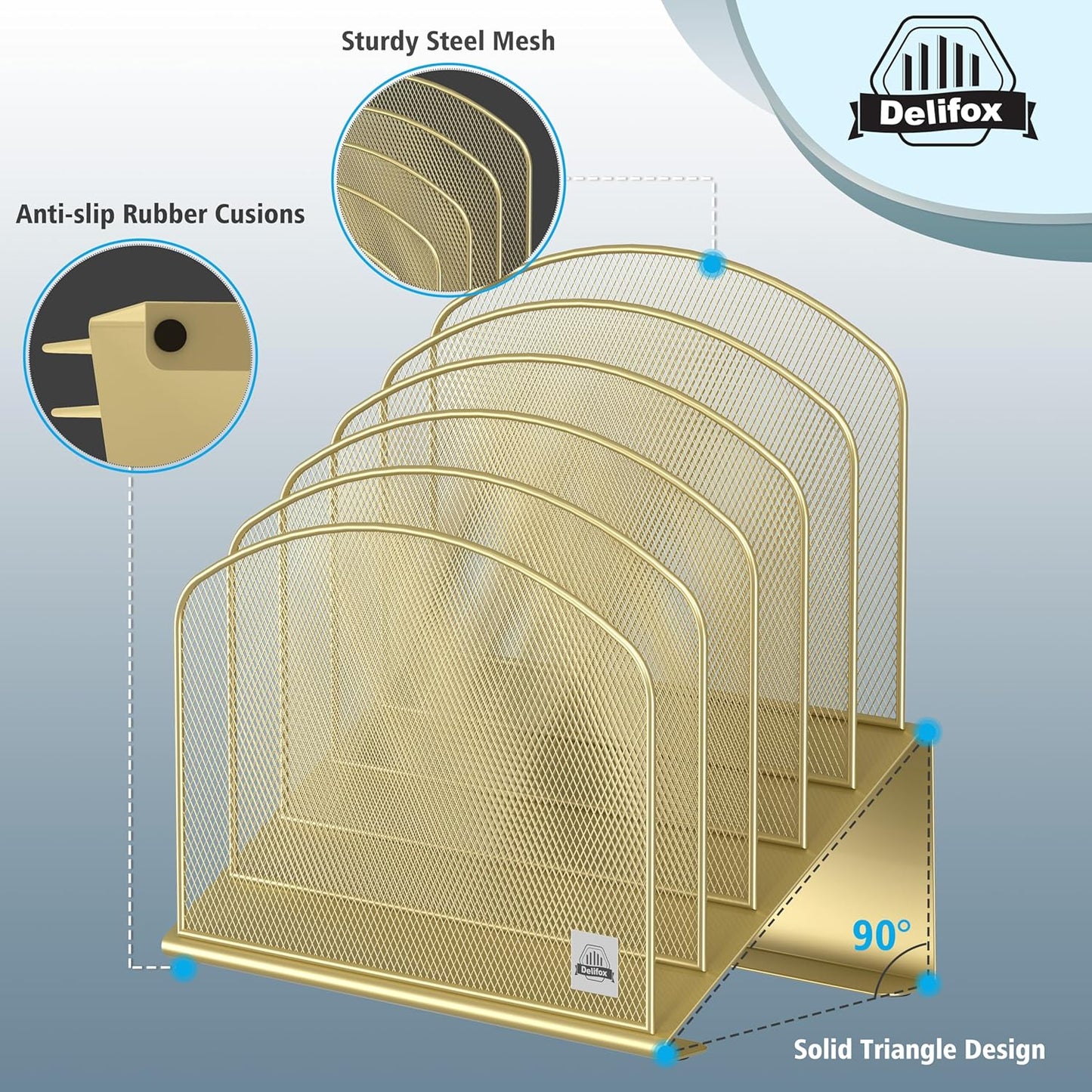 Inclined Desk File Organizer, 5-Section Vertical File Folder Holder Stand Metal Rack File Sorter for Office Classroom Desktop Organization (Gold, 2Pack)