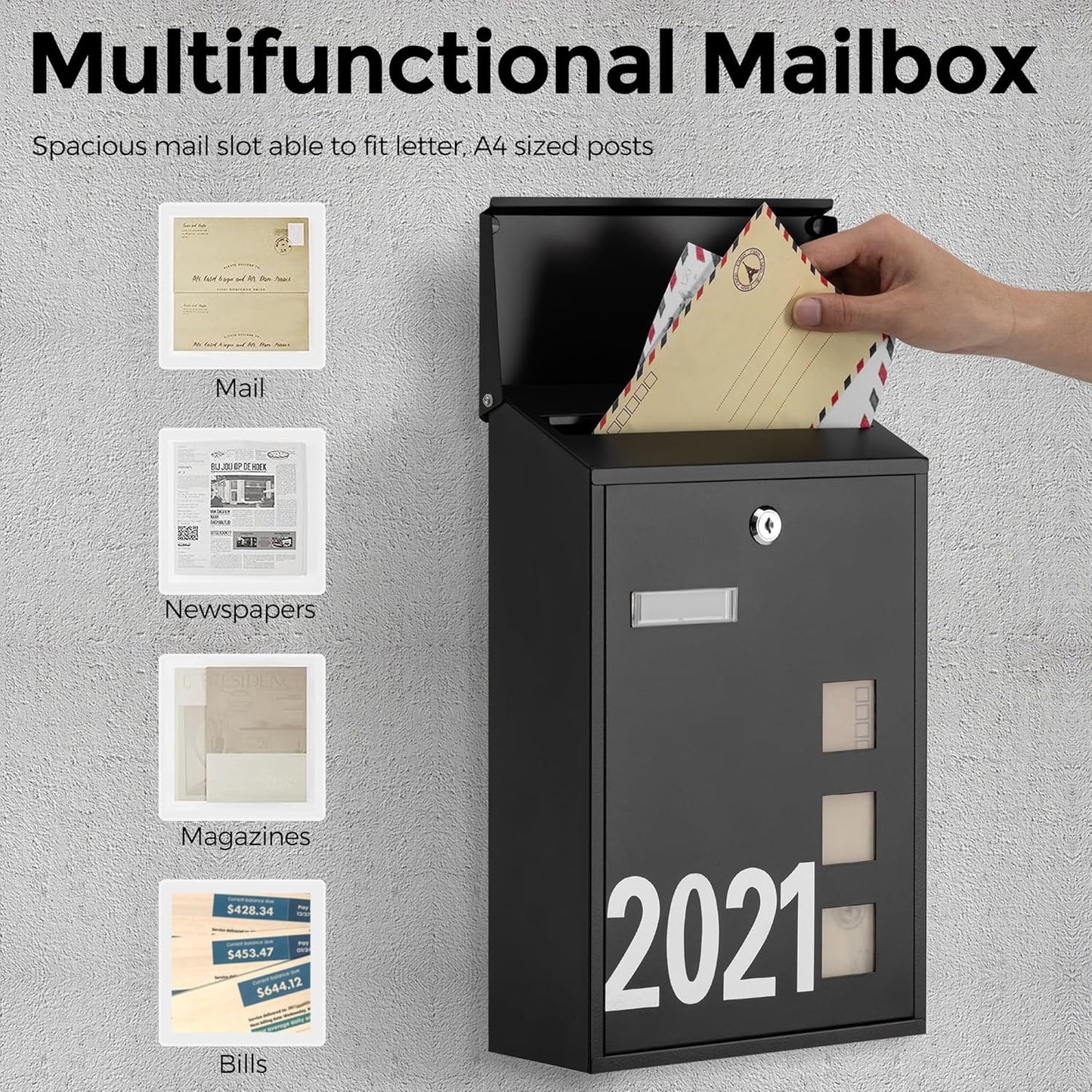 LAND·VOI Wall Mounted Mailbox with 4 Keys, Post Box for Wall and Fence, Viewing Windows, Nameplate, 3.94 x 9.8 x 15.6 Inches, Large Capacity, Includes Mailbox Numbers, Matt Black, AMB31B
