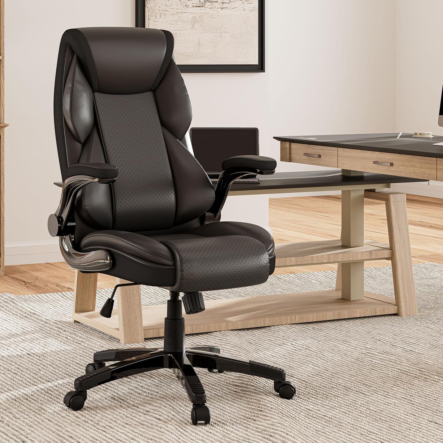 EUREKA ERGONOMIC PU Leather Desk Chair Office Executive Chair, Ergonomic Office Chair Flip Up Arms, High Back Office Chair with Headrest, Home Office Desk Chair with Wheels, Computer Chairs for Adults