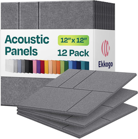 Acoustic Panels 12-Pack Soundproof Wall Panels 12"x12"x0.4" Decorative Sound Dampening for your Home, Office, Studio, Bedroom & More with Unique GridFrame Carving [Pebble Gray]