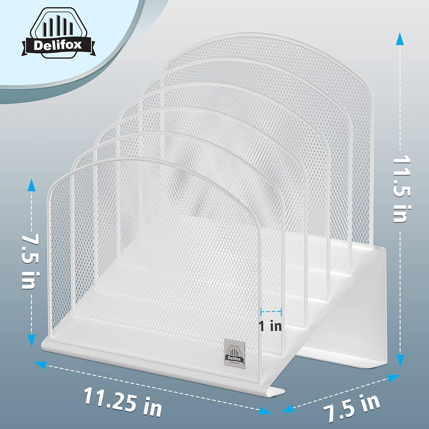 Inclined Desk File Organizer, 5-Section Vertical File Folder Holder Stand Metal Rack File Sorter for Office Classroom Desktop Organization (White, 1Pack)