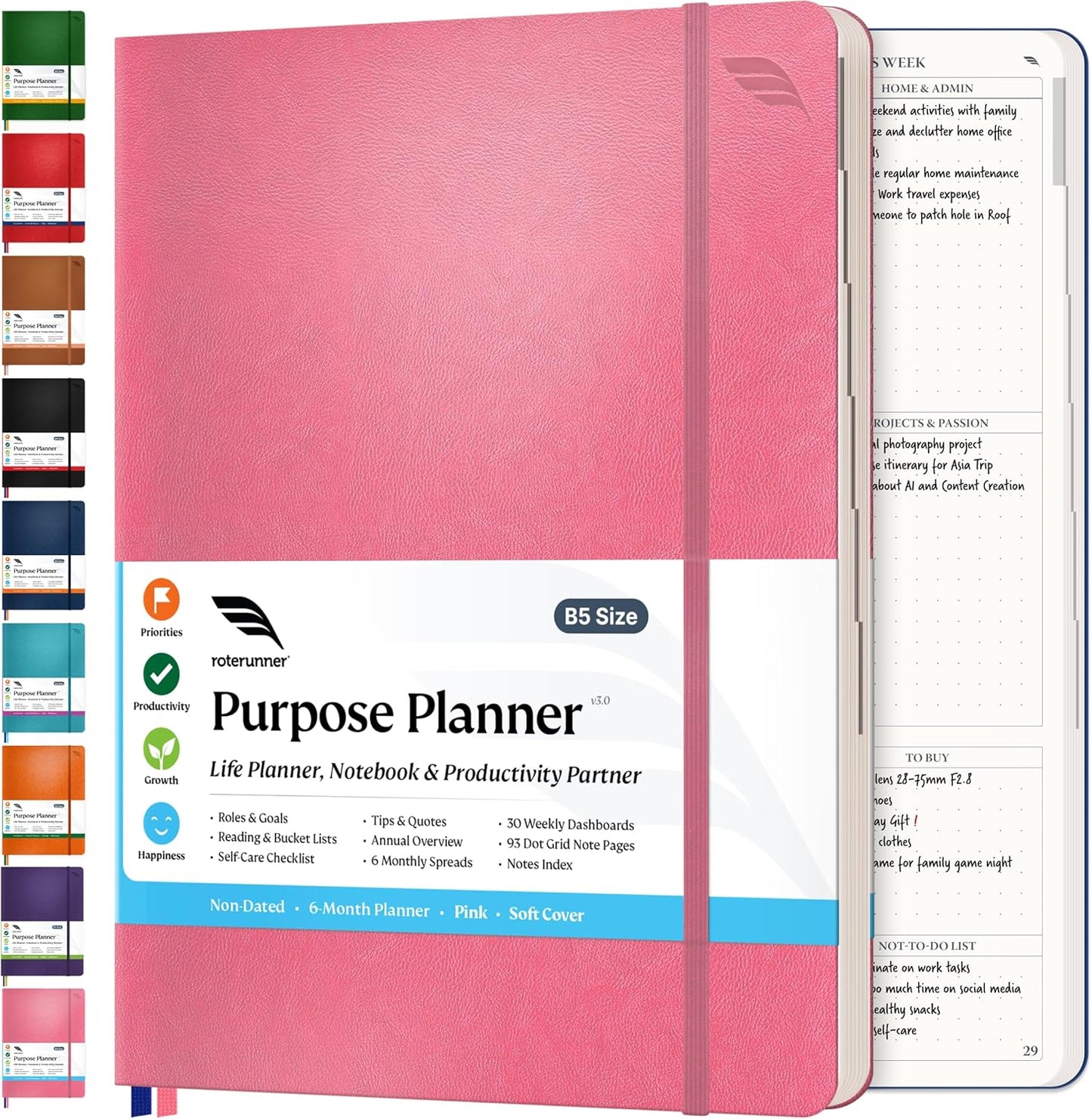 Roterunner 2025 B5 Pink Softcover Purpose Planner Notebook 7.5'x9.8' Undated Planner Daily Weekly Monthly Productivity Goal Setting Tool for Work Home ADHD Adults Self Care Journal