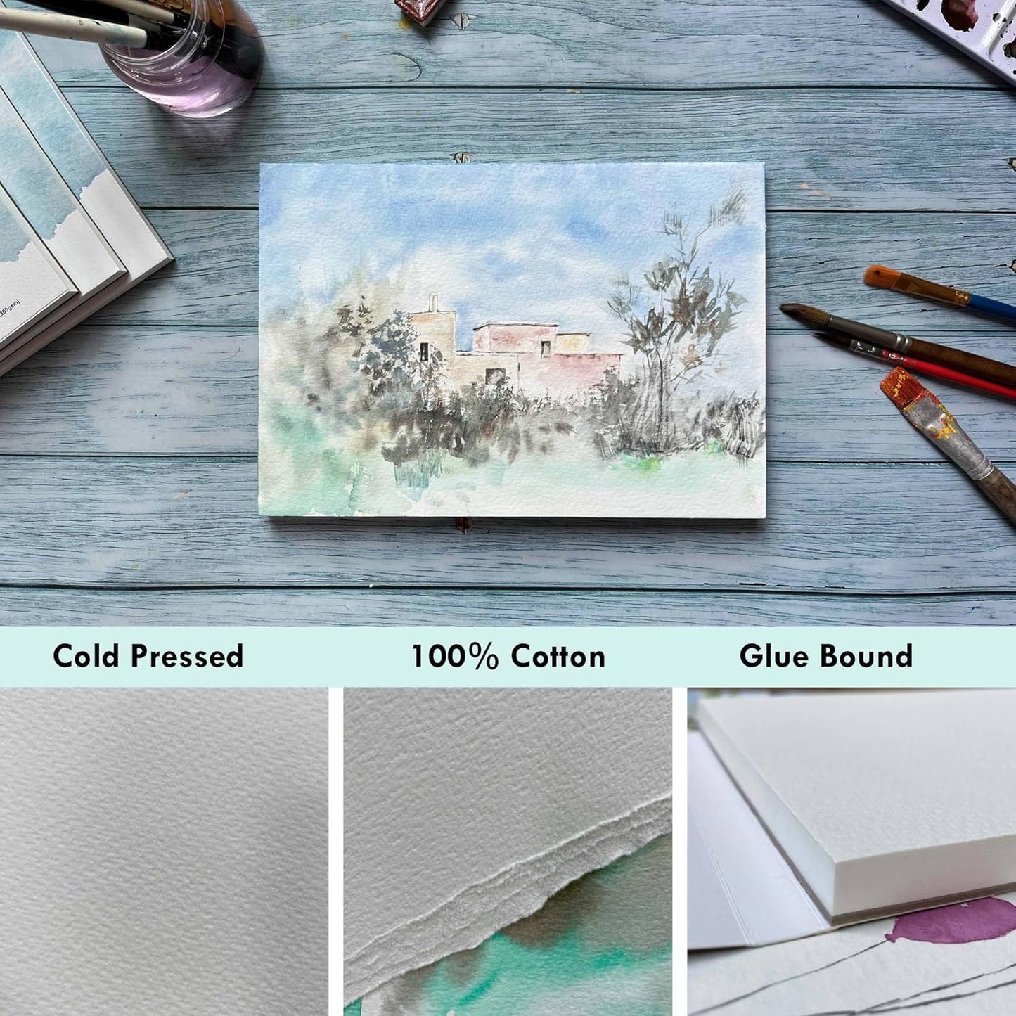 tumuarta Watercolor Paper Pad, 100% Cotton, 5x7, 140LB, 300 GSM, 16 Sheets, Acid Free, Cold Press, Watercolor Paper Mixed Media Sketch Books for Watercolors, Acrylic, Gouache, More Dry & Wet Media.