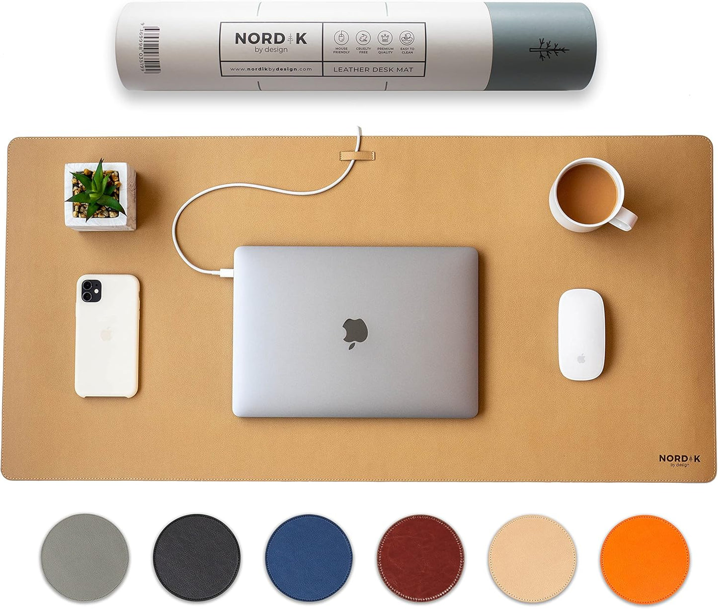 Nordik Leather Desk Mat Cable Organizer - Champagne Beige 35 X 17 inch - Premium Extended Mouse Mat for Home Office Accessories - Non-Slip Vegan Leather Desk Pad Protector & Desk Blotter Pad