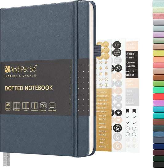 &And Per Se Dotted Journal Notebook, A5 Hardcover Bullet Dotted Journal, 160 Pages 100 gsm Thick Paper, 3 Sheets of Stickers Included - 5.7'' x 8''（Dark Blue）
