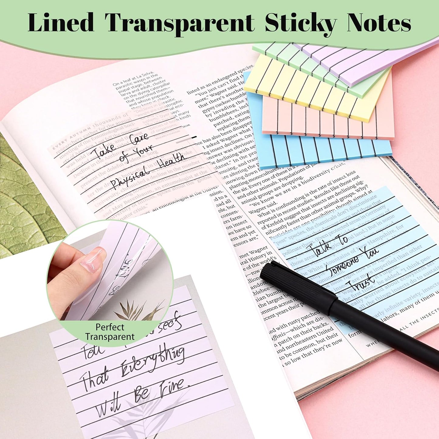 3x3 Inch Transparent Sticky Notes 300 Sheets, Clear Translucent Lined Self-Adhesive Memo Repositionable Reminder Pad for Office, College Students, Planners, Journals, School Supplies (Bright Morandi)
