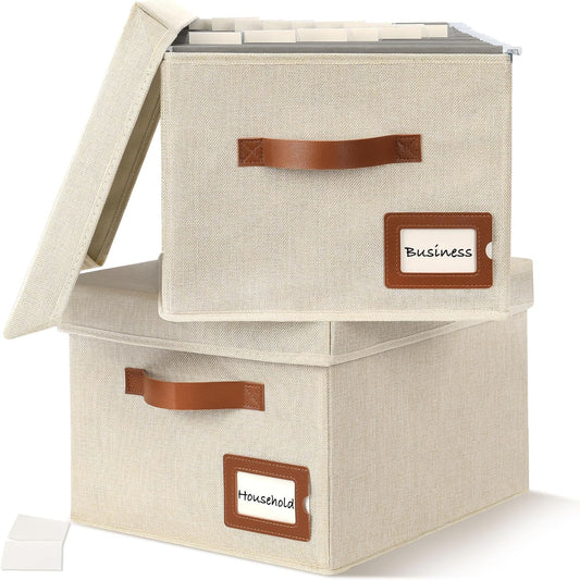 Storage Standard 2-Pack File Organizer Box with Lid - Collapsible Hanging Linen Document Organizer Portable File Boxes, Lightweight & Portable Filing Box Crates with Handles & Extras, Ivory