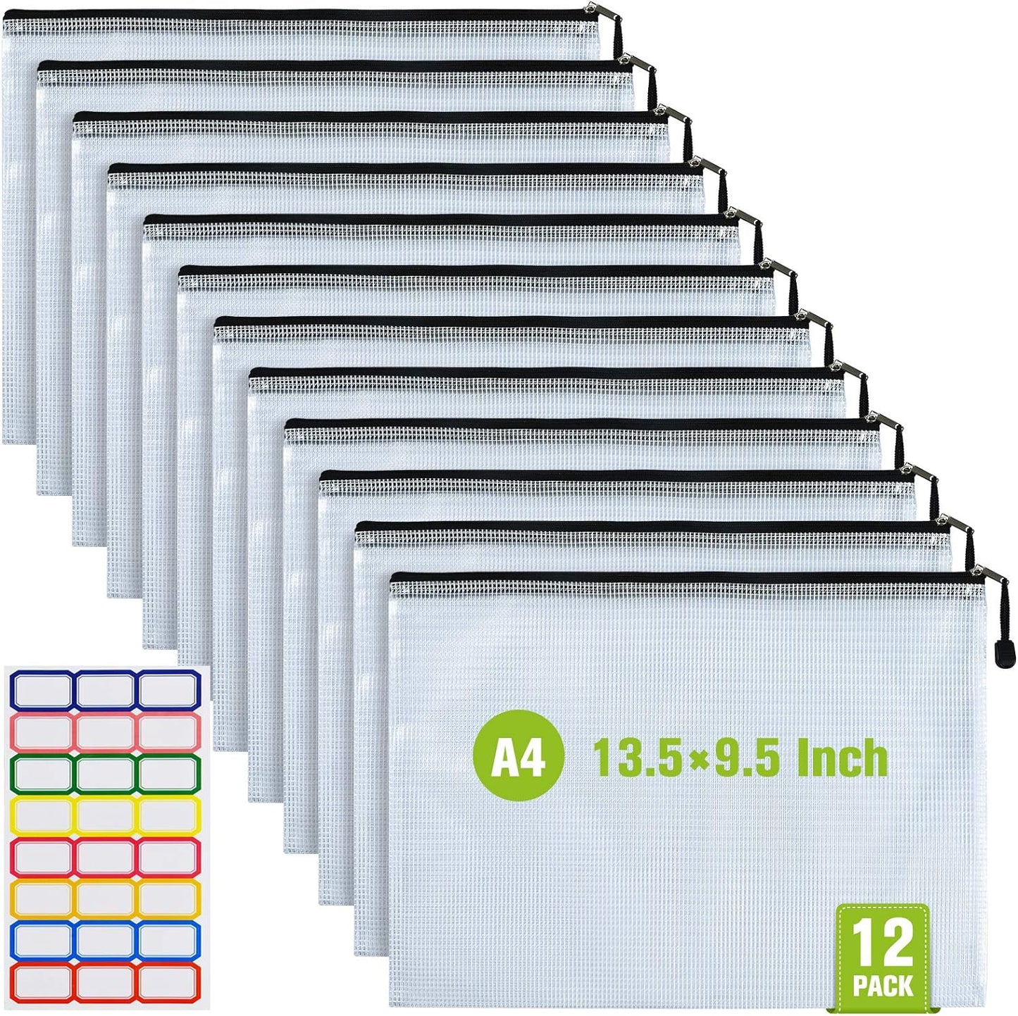 12 Pcs Plastic Mesh Zip File Bags, Waterproof Tear-Resistant Document File Folders, A4 Size Zipper Documents Pouch Document Organizer Bags for School Office Home Travel Storage(13.5×9.5Inch)