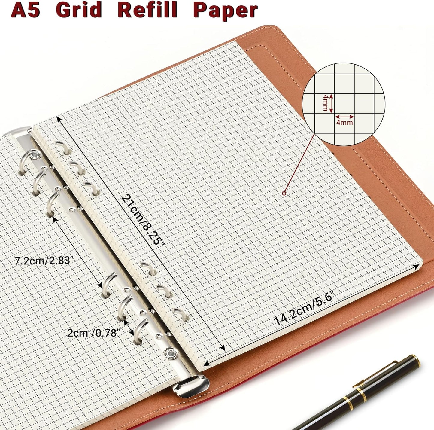 A5 Grid-Ruled Refill Paper, 100gsm Thick Beige No-Bleed Sheets (80-Pack), Pre-Punched – Fits A5 6-Ring Binders for Office, School & Teachers