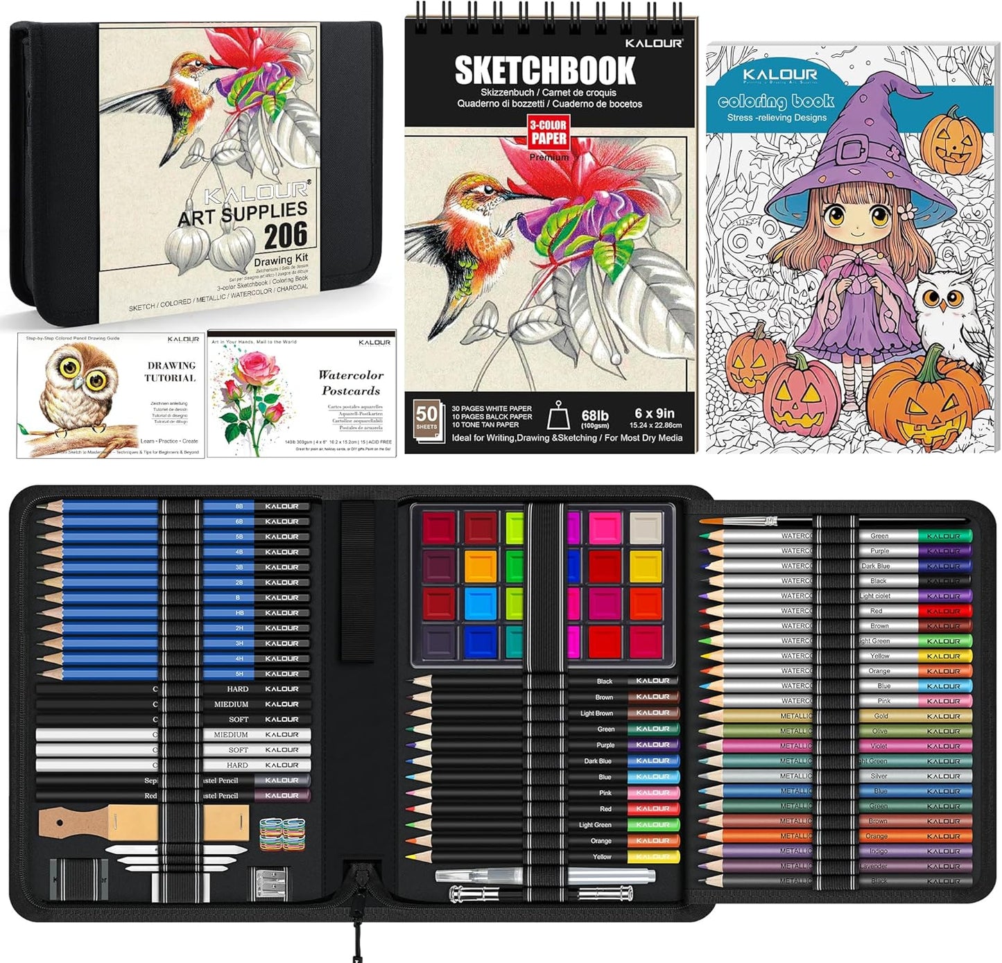 KALOUR 206 Drawing Set Sketching Kit,Art Supplies with 3-color Sketchbook & Coloring Paper,Include Tutorial, Colored, Graphite, Charcoal, Watercolor & Metallic Pencil,for Artists Adults Teens Beginner