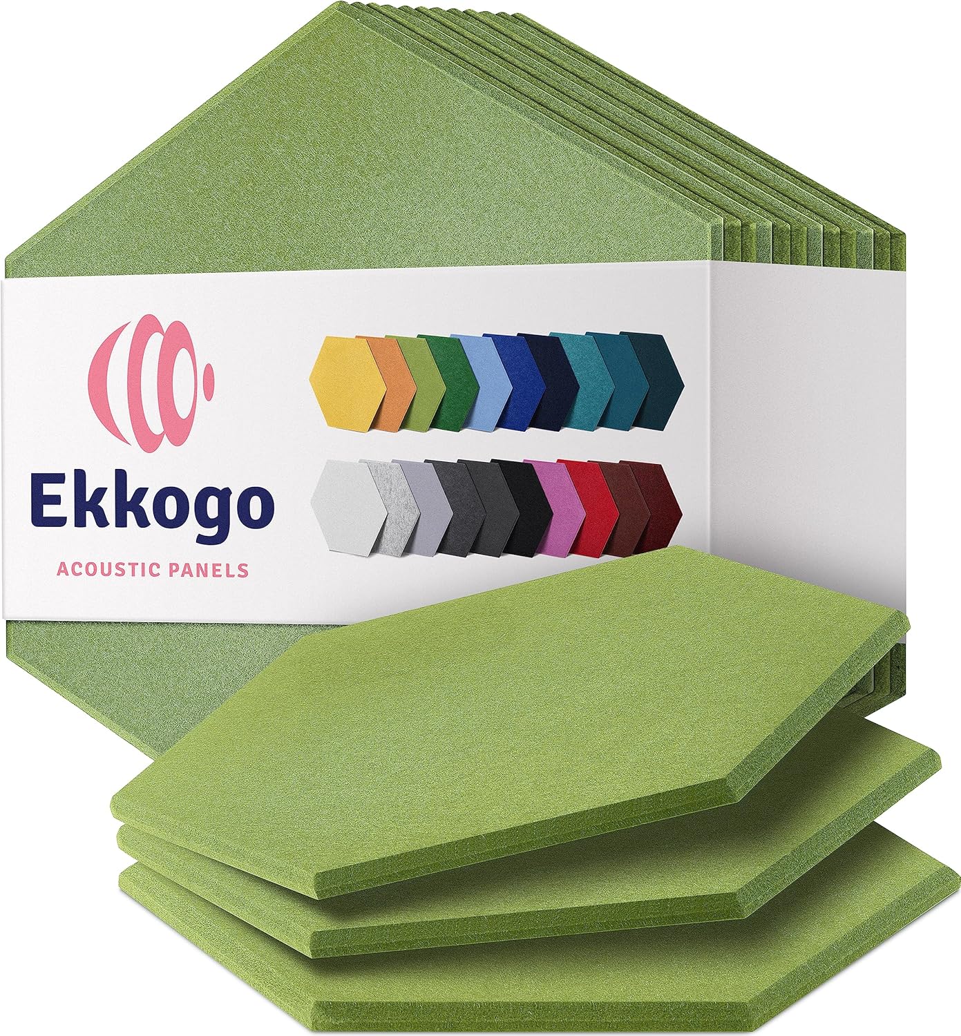 Acoustic Panels 12-Pack - 12"X10.4"X0.4" Soundproof Wall Panels - High Density Sound Dampening - Gin Green Hexagon
