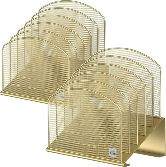 Inclined Desk File Organizer, 5-Section Vertical File Folder Holder Stand Metal Rack File Sorter for Office Classroom Desktop Organization (Gold, 2Pack)