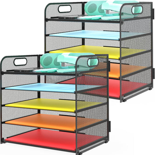 2 Pack Letter Tray 5-Tier Desk Organizer File Paper Holder with Handle, Metal Desktop Document Shelf Tray Office Classroom Organization - Black