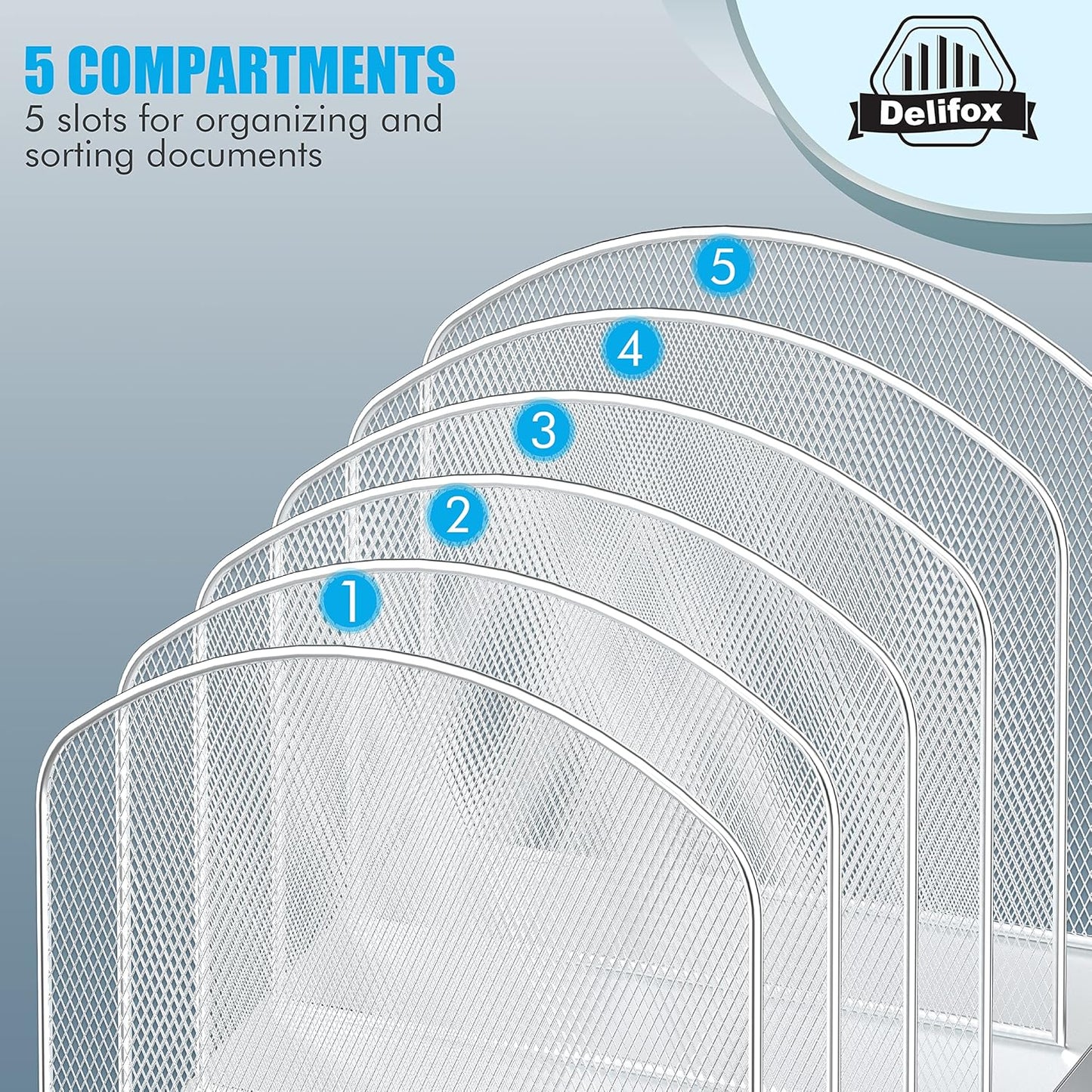 Inclined Desk File Organizer, 5-Section Vertical File Folder Holder Stand Metal Rack File Sorter for Office Classroom Desktop Organization (Silver, 2Pack)